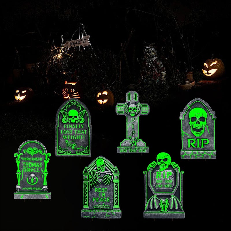 CiniQy Glowing Halloween Tombstones Yard Signs, 6 Pcs 17”×10” Yard Decorations for Outdoor Graveyard, Waterproof Scary Light Up Gravestones for Home, Party, Cemetery Halloween Decor - Image 1